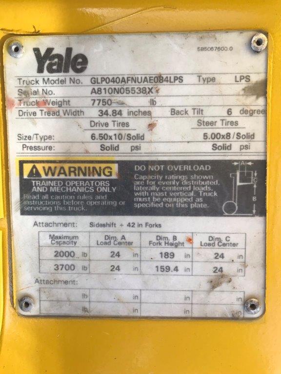 Model GLP040AFNUAE084LPS yellow yale forklift with serial number A810N05538X for sale